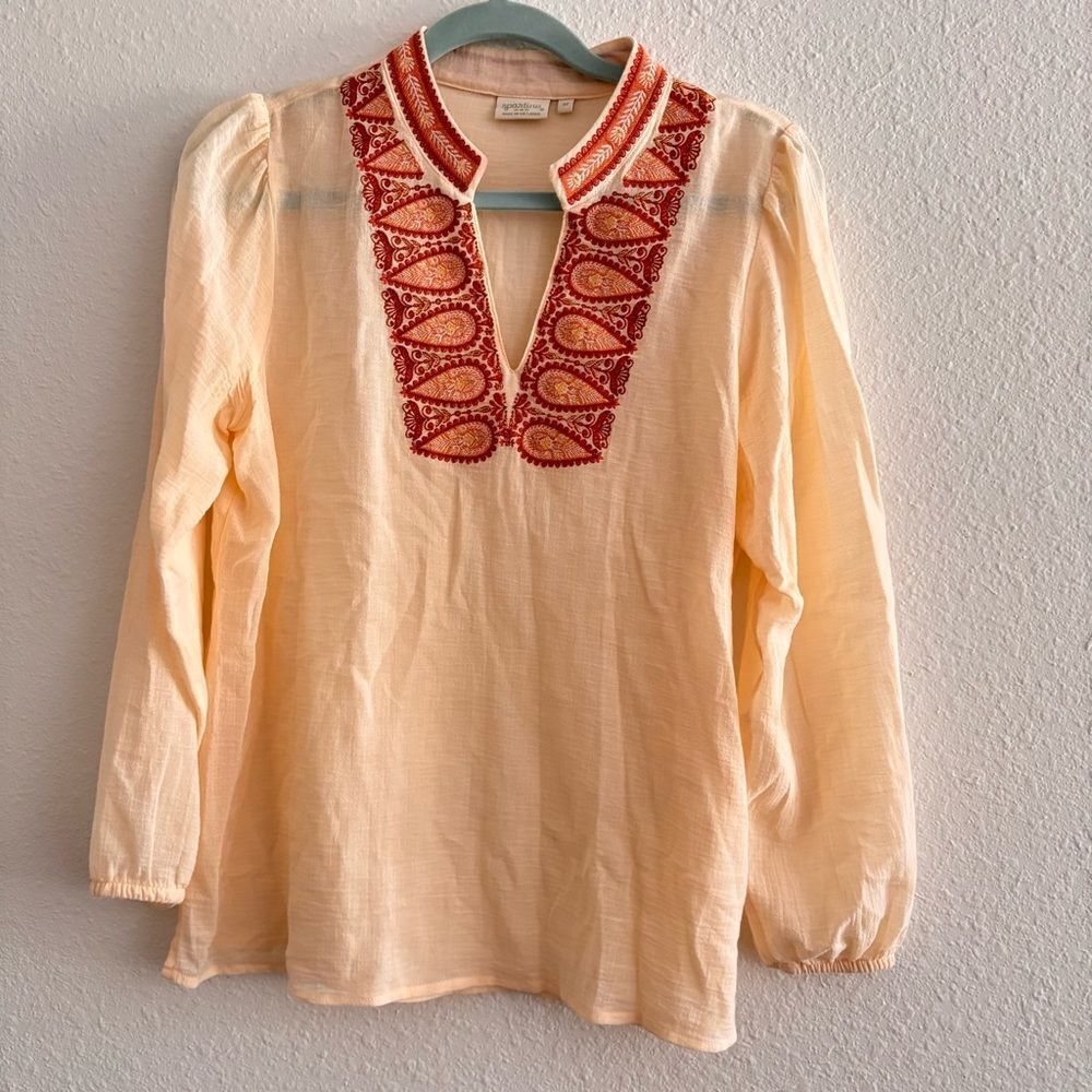 Spartina 449 Tunic Top M Light Beige Rust Brownish Red Pink Embroidered Detail